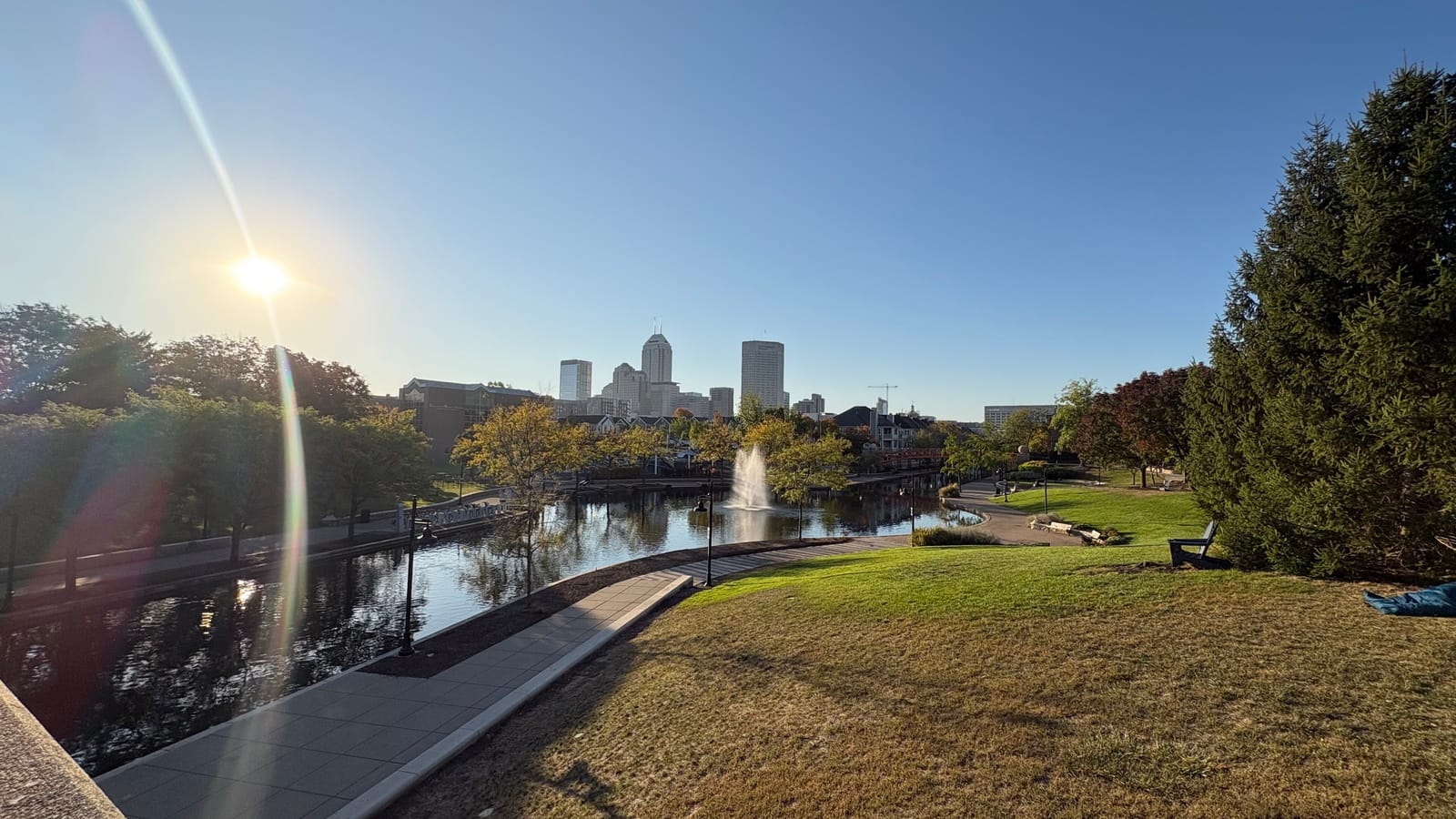 Downtown Indianapolis skyline seen across the Indiana Central Canal
