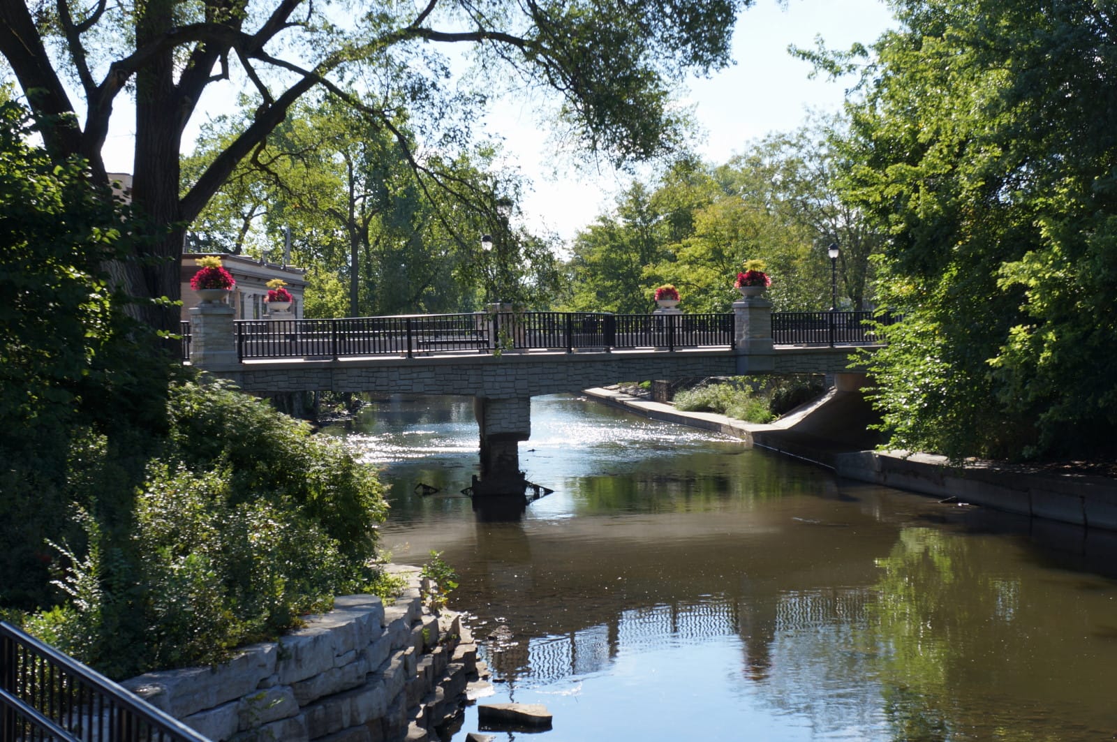 Footbridge over the DuPage River on the Naperville Riverwalk in the western Chicago suburbs