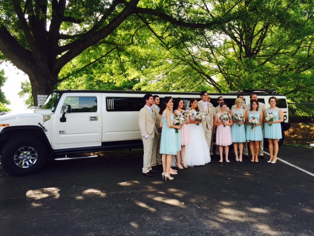 Wedding party posing in front of a white stretch limousine, with bride, groom, and bridesmaids under tree shade.